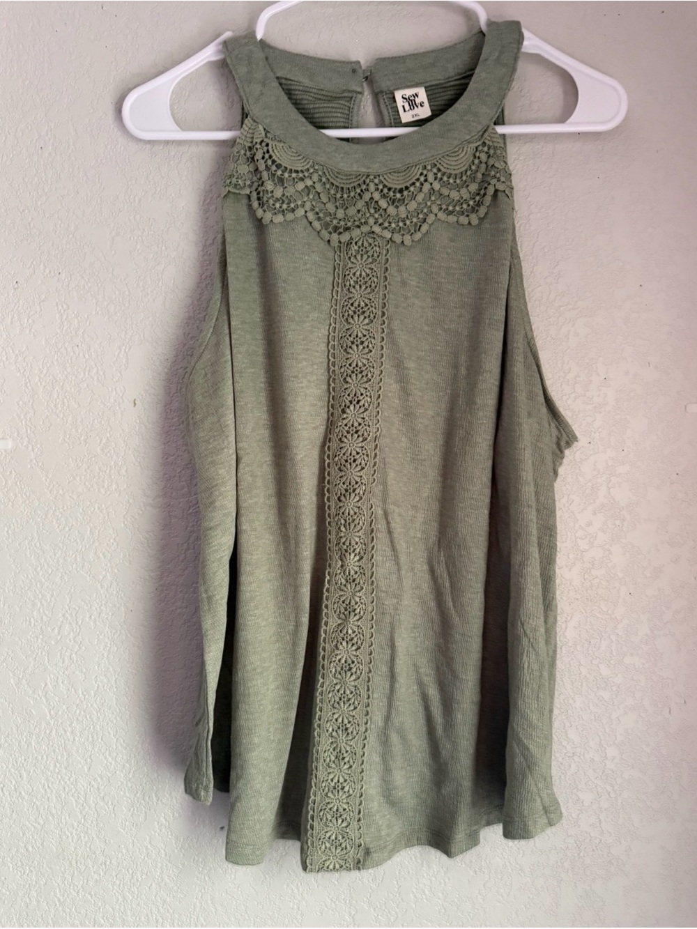 Sew in Love 2XL Sage Green Crochet Lace Trim High Neck Tank Top Sleeveless